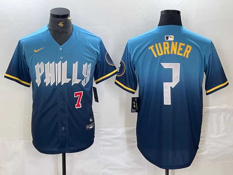 Men%27s Philadelphia Phillies #7 Trea Turner Number Blue 2024 City Connect Limited Stitched Jerseys